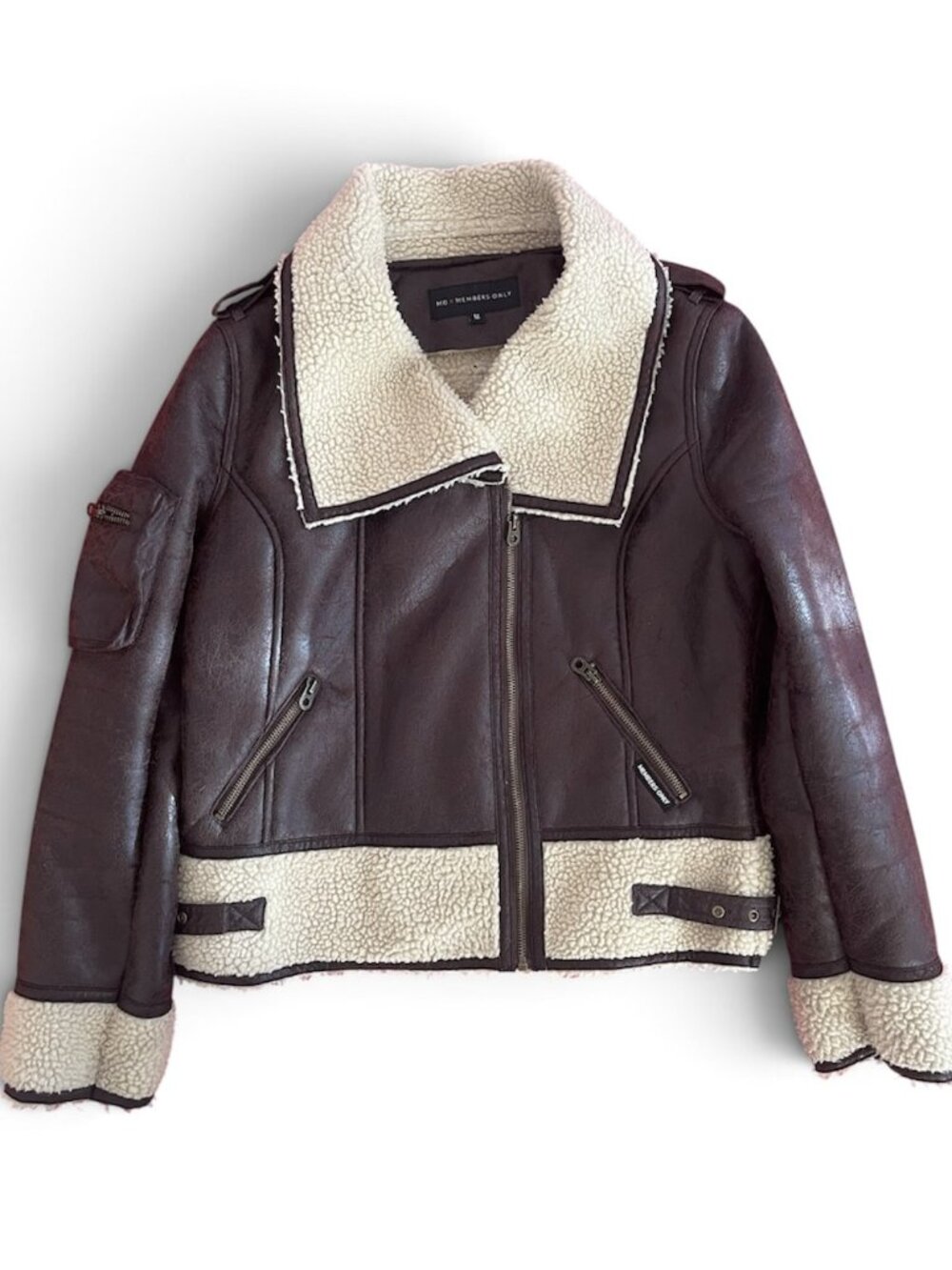 Members Only Faux Leather & Shearling Moto Aviator Jacket Dark Brown Medium